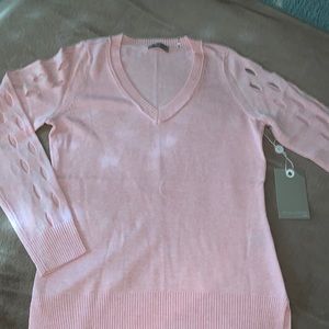 Pink V neck light weight sweater with peek a boo sleves